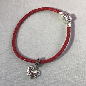 Pandora red leather bracelet w/ hanging Pooh charm
